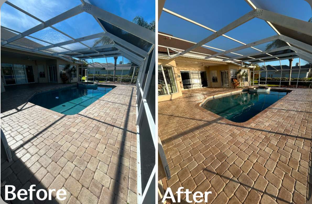 Pool deck paver cleaning — before and after